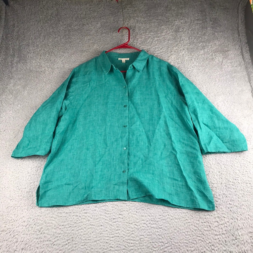 Eileen Fisher Button Down Shirt Women L Teal Green Organic Linen 3/4 Sleeve Top